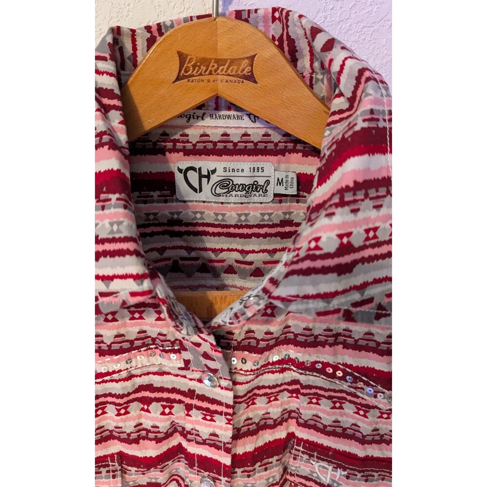 CHAPS Short-Sleeve Red Patterned Button-Up Blouse - Picture 3 of 3